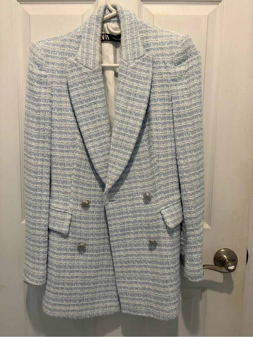Zara Pale Blue Tweed Double-Breasted Blazer